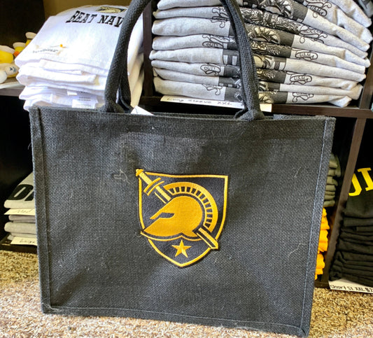 Burlap Tote: Athena Shield Embroidered (Black)