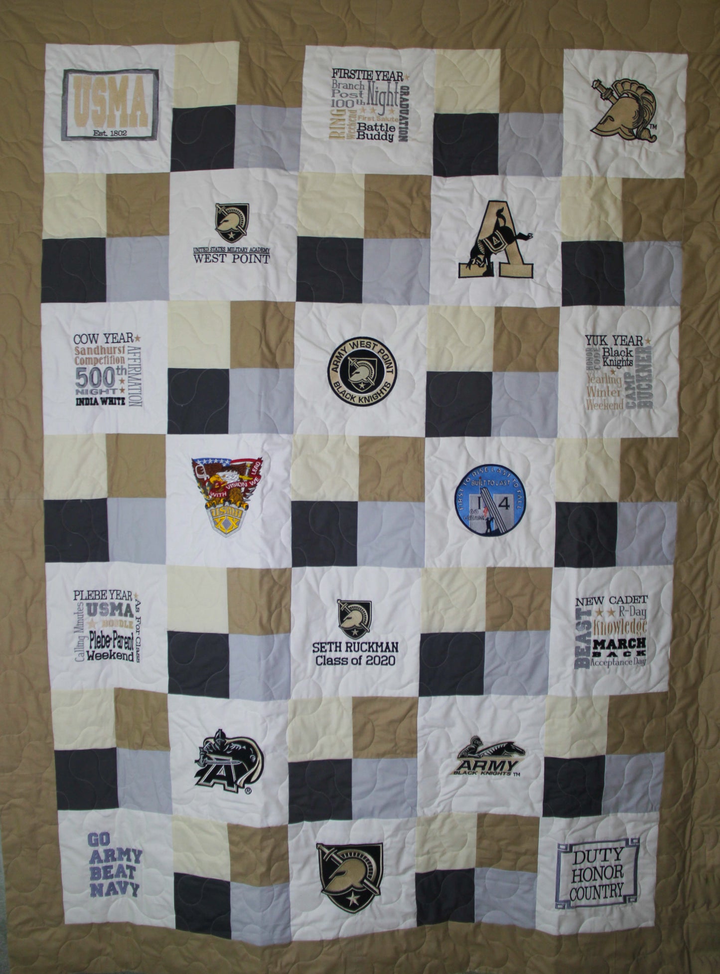 West Point Custom 47 Month Journey Quilt -  Handmade Embroidered - All American Made Fabrics