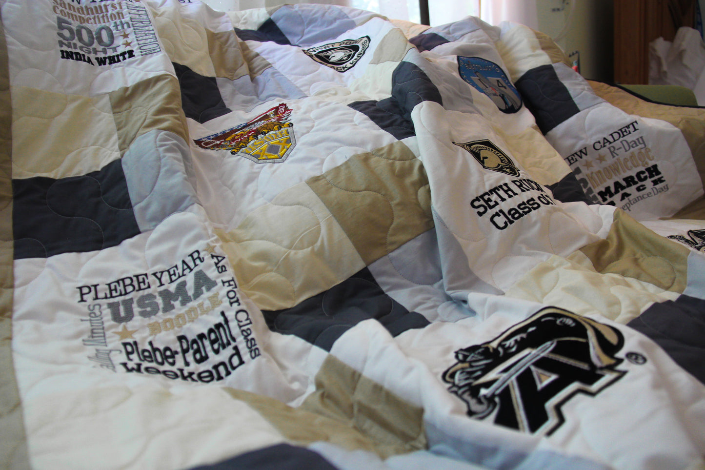 West Point Custom 47 Month Journey Quilt -  Handmade Embroidered - All American Made Fabrics